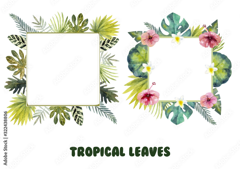2 Square frames with tropical plants on the outer edge. Tropical leaves, flowers in watercolor technique.
