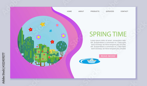 Spring time abstract colorful trees, flowers vector web banner illustration. Spring time background for web template of travel agency, flowers shop.