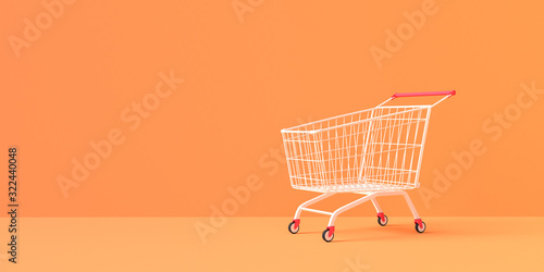 Tableau sur toile 3D rendering Trolley or shopping cart on orange background and copy space for text illustration