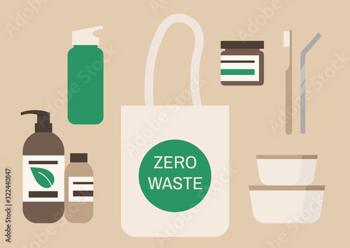 Zero waste products set, responsible consuming, eco friendly environment, sustainability, millennial lifestyle