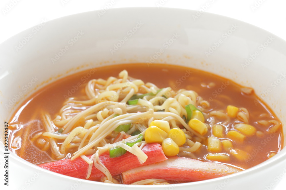 Spicy Ramen noodles, crab sticks and sweet corn on top for asian lunch image Spicy Ramen noodles, crab sticks and sweet corn on top for asian lunch image