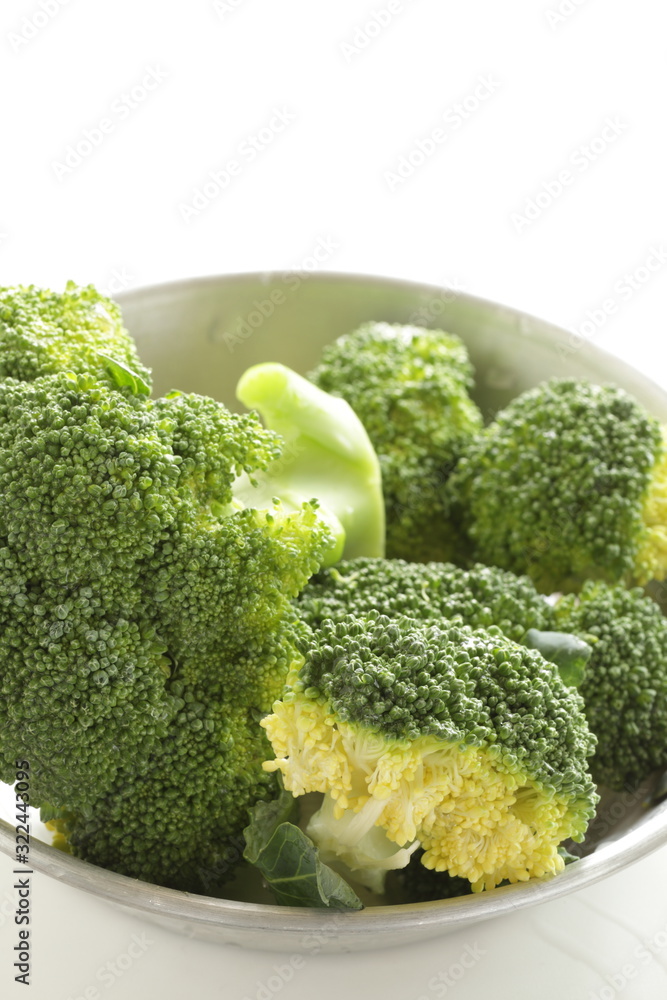 Prepared raw broccoli on pan for freshness ingredient Prepared raw broccoli on pan for freshness ingredient