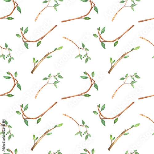 Watercolor multi directional seamless pattern with branches and leaves on a white background