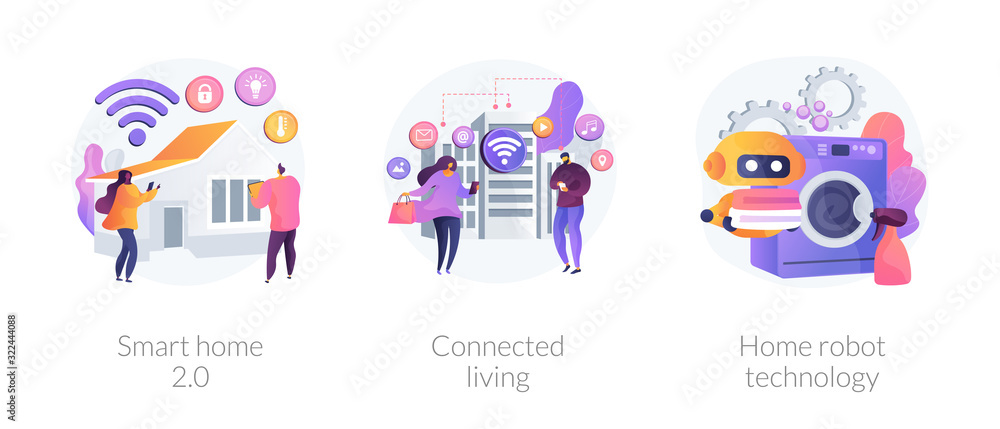 City and home with cognitive intelligence, Internet of Things, innovative technology. Smart home 2.0, connected living, home robot technology metaphors. Vector isolated concept metaphor illustrations.