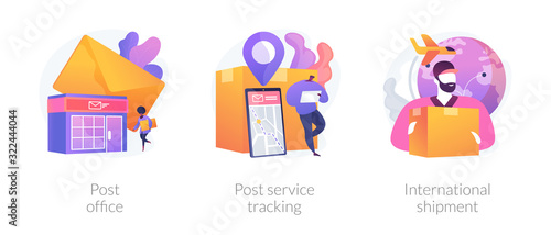 Post shipment system, online tracking app, letters and parcels delivery. Post office, post service tracking, international shipment metaphors. Vector isolated concept metaphor illustrations.