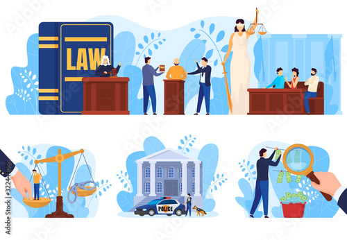 Law and justice concept, people in court vector illustration. Judge, attorney and jury in courthouse, money laundering investigation. Crime suspect, police officer cartoon character, scales of justice