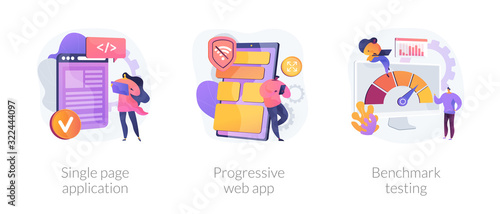 Software development, programming, technology and innovation. Single page application, progressive web app, benchmark testing metaphors. Vector isolated concept metaphor illustrations.