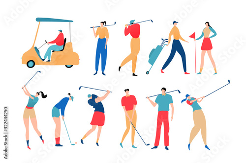 People playing golf, set of isolated cartoon characters, vector illustration. Men and women with golf club in different poses. Sport activity, recreation leisure hobby. Flat style people isolated