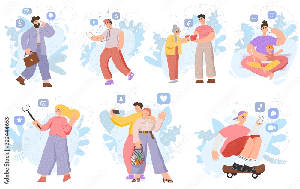 People using smartphones, hand drawn cartoon characters, vector illustration. Men and women with mobile phones, talking, listening to music and taking selfies. Icons of social media, cellphone app