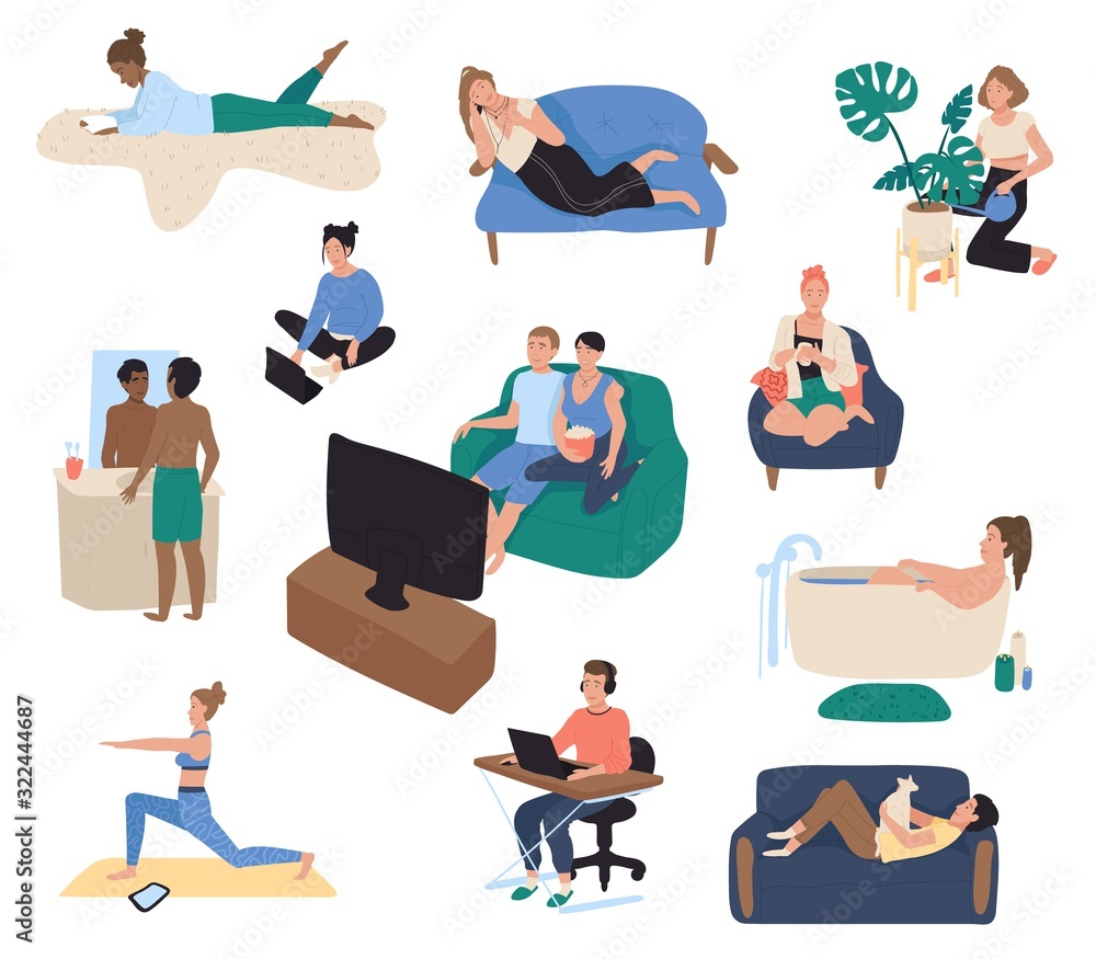 Home leisure, people resting on couch after work, vector illustration. Men and women spending time at home, reading books, watching tv, relaxing. Set of hand drawn cartoon characters, weekend leisure Home leisure, people resting on couch after work, vector illustration. Men and women spending time at home, reading books, watching tv, relaxing. Set of hand drawn cartoon characters, weekend leisure