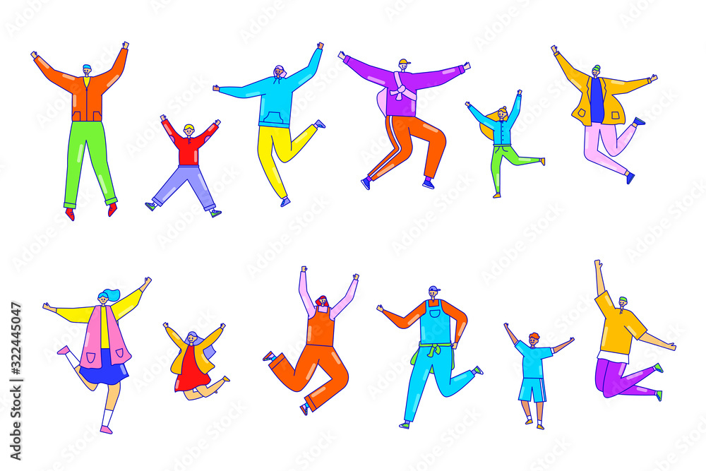 Happy line people jumping, set of isolated cartoon characters in flat style, vector illustration. Men, women jump, happy kids and excited adults. Cheerful people celebrating smiling jumping together
