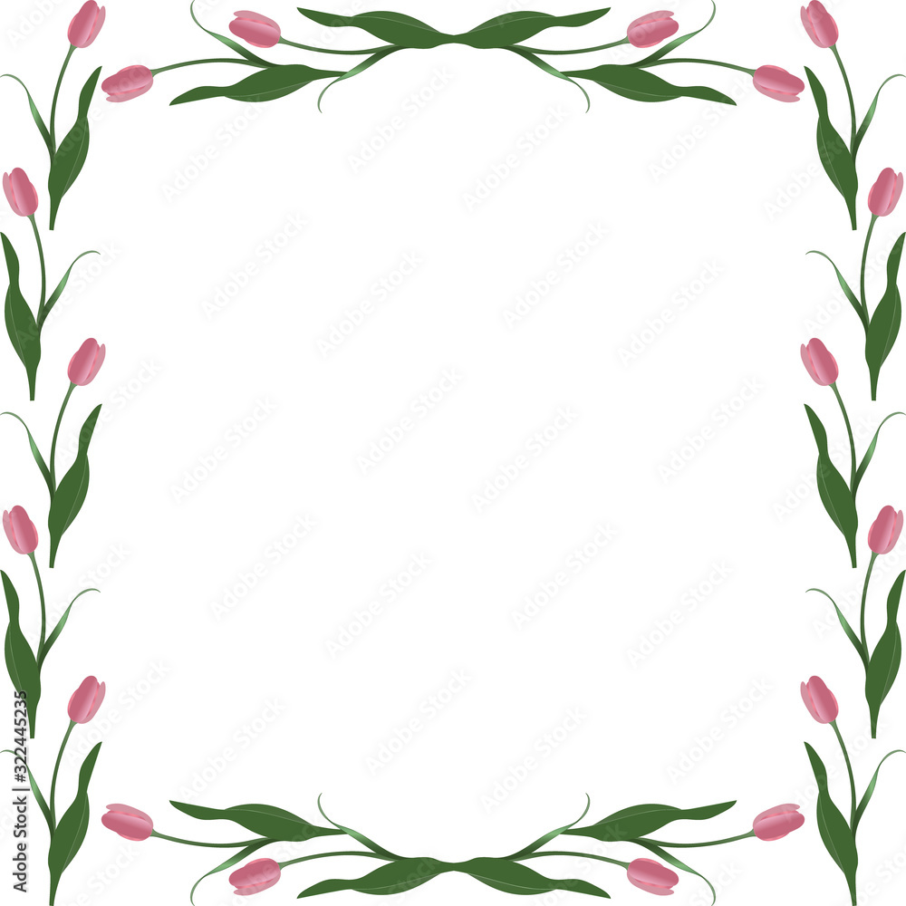 Naklejka premium Spring frame of tulips in the shape of a square. Rosebud. Vector. Place for text, photos. Isolated background. Idea for creating a greeting card, invitation, card. Floral ornament.