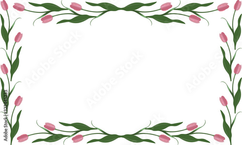 Spring frame of tulips in the shape of a rectangle. Rosebud. Vector. Place for text, photos. Isolated background. Idea for creating a greeting card, invitation, card. Floral ornament.