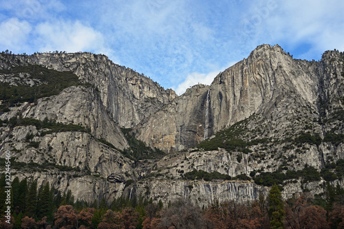 Yosemite Falls and surrounding granite rock formations in Yosemite National Park  California in winter.