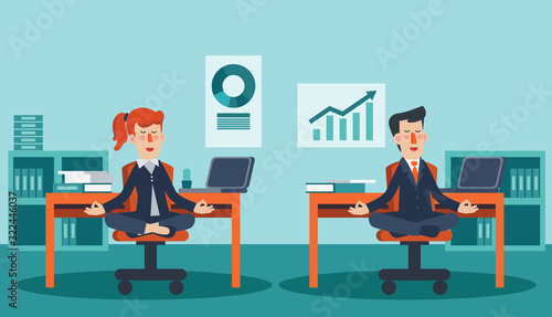 Business man and business woman meditates in lotus position. Business people practicing yoga in office