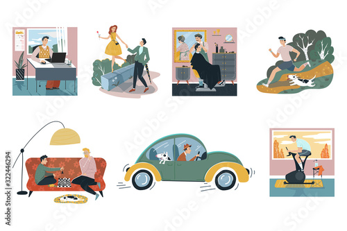 Daily life of man, people in everyday routine, cartoon character set, vector illustration. Man and cute dog jogging outdoor, work in office, meet friend and date girlfriend, drive car. Regular workday