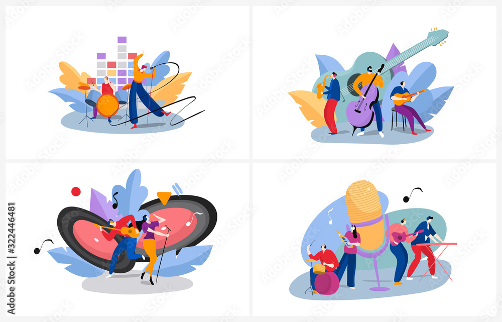 Musicians playing in band, set of concepts for music festival or recording studio, vector illustration. People playing musical instruments and singing, jazz band cartoon characters, pop rock singer