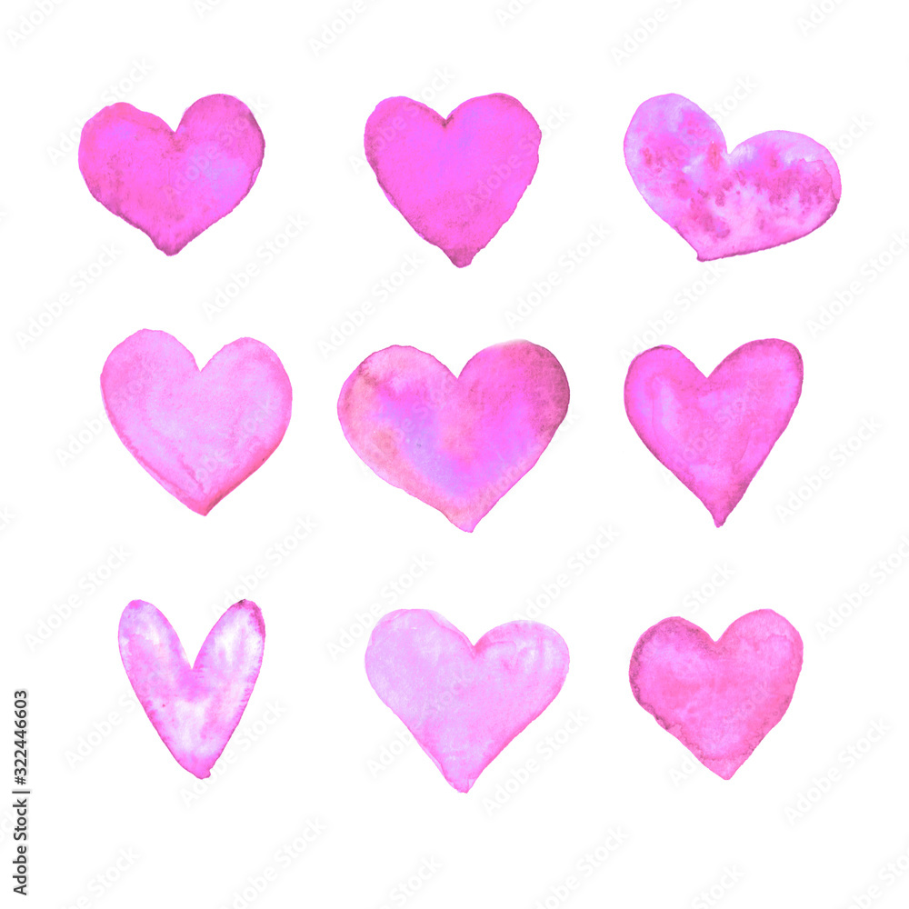 Set of pink watercolor hearts. Perfect for creating romantic postcards, backgrounds and Valentines Day decor. Hand drawn