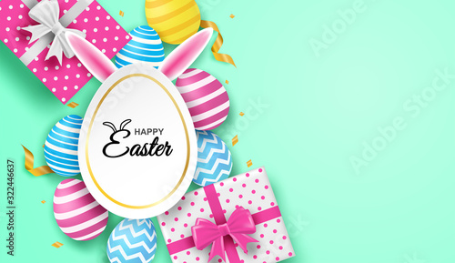 Happy easter. Celebration. Colorful easter egg and bunny ears on mint green background. light and shadow . Vector. illustration.