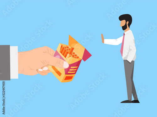 Hand offers cigarettes to businessman refuses vector illustration. Business man refuse cigarettes. Stop smoking concept. Tobacco addiction and refused person