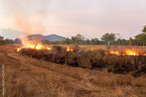 Landscape view of "Controlled Burning" to reduce bushfire risk in the Kimberley, Australia. The indigenous people of the area traditionally burnt selected areas annually.