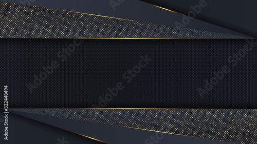 Carbon luxury abstract background with black overlap layers. Texture carbon with luxury golden glitters dots.