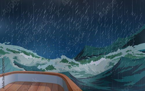 The ship was in the middle of a storm in the sea.	