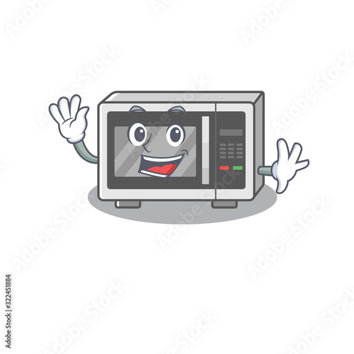 Waving friendly microwave in mascot design style