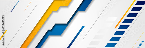 Abstract tech minimal geometric banner design. Bright blue and orange futuristic background