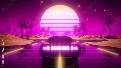 3D Retro Synthwave Car Landscape VJ Loop Motion Background photo