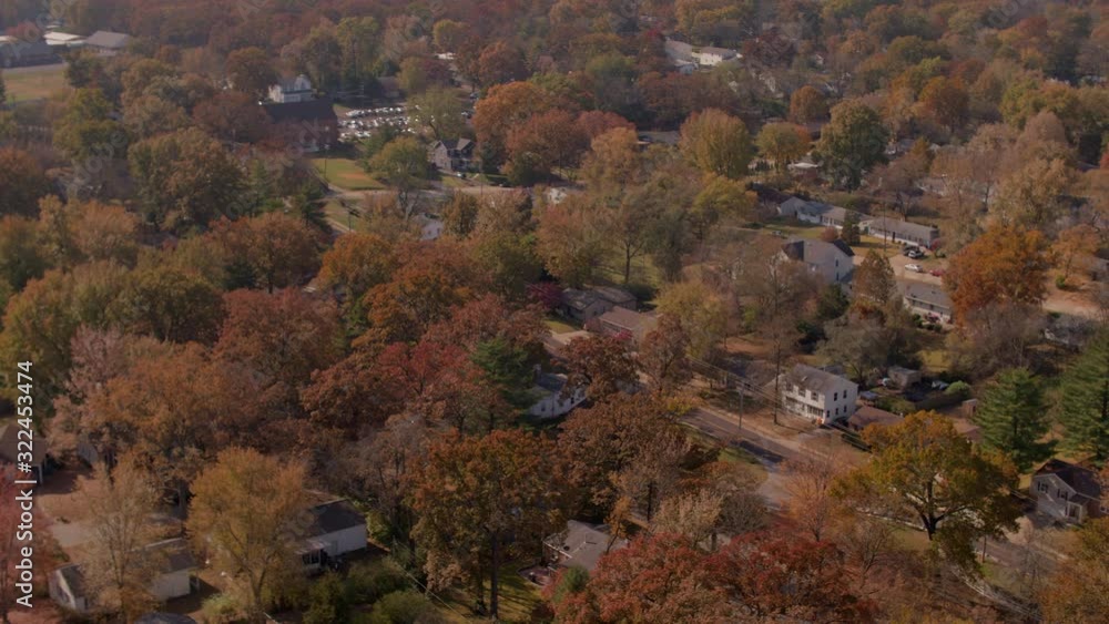 Aerial view of suburban neighborhood in St. Louis in Autumn, pan right. Aerial view of suburban neighborhood in St. Louis in Autumn, pan right.
