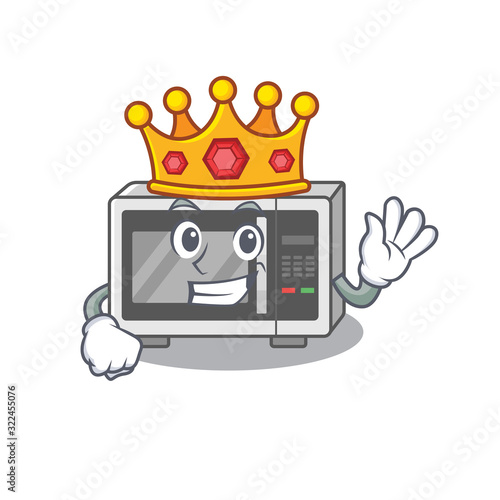 A cartoon mascot design of microwave performed as a King on the stage