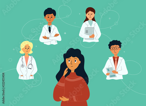 Choose doctor. Girl searching for a medical professional specialist. Patient make choice  in clinic. Vector illustration of woman makes decision. Design for healthcare app, online consultation service