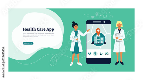 Design for health care mobile application. Two doctors show medical software. Vector illustration of huge smartphone screen with app icons and clinic building on map. Concept for layout, web, banner.