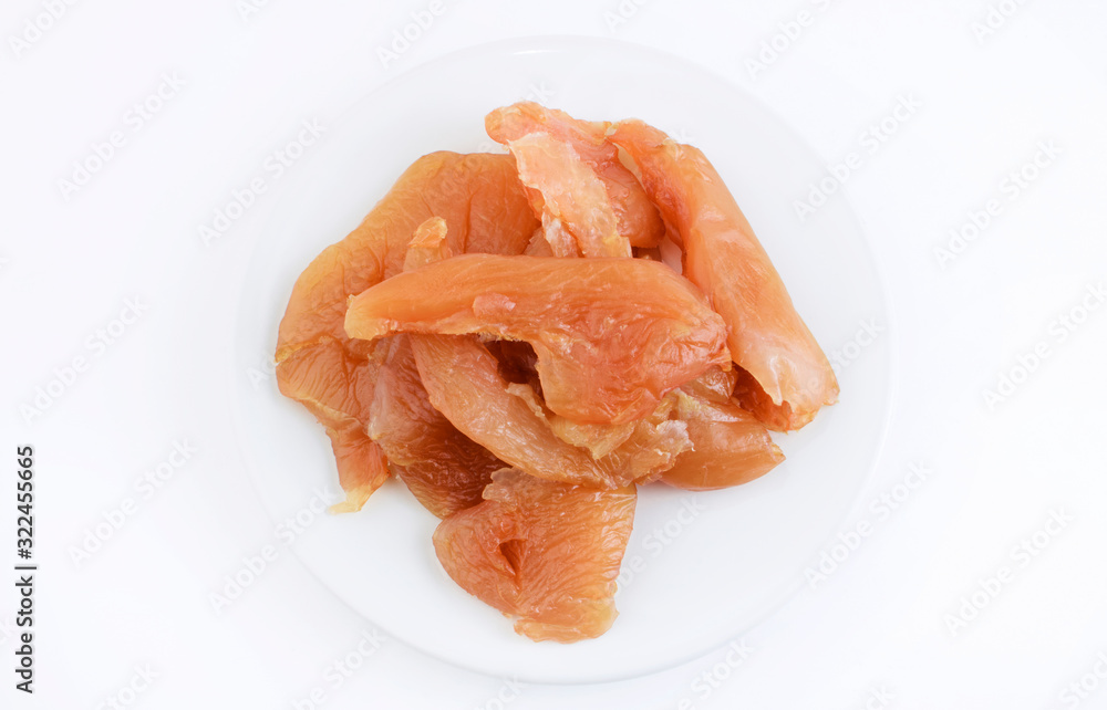 Chicken carpaccio fillet on a white plate isolated on a white background. Delicacies. Italian food. Copy space Chicken carpaccio fillet on a white plate isolated on a white background. Delicacies. Italian food. Copy space