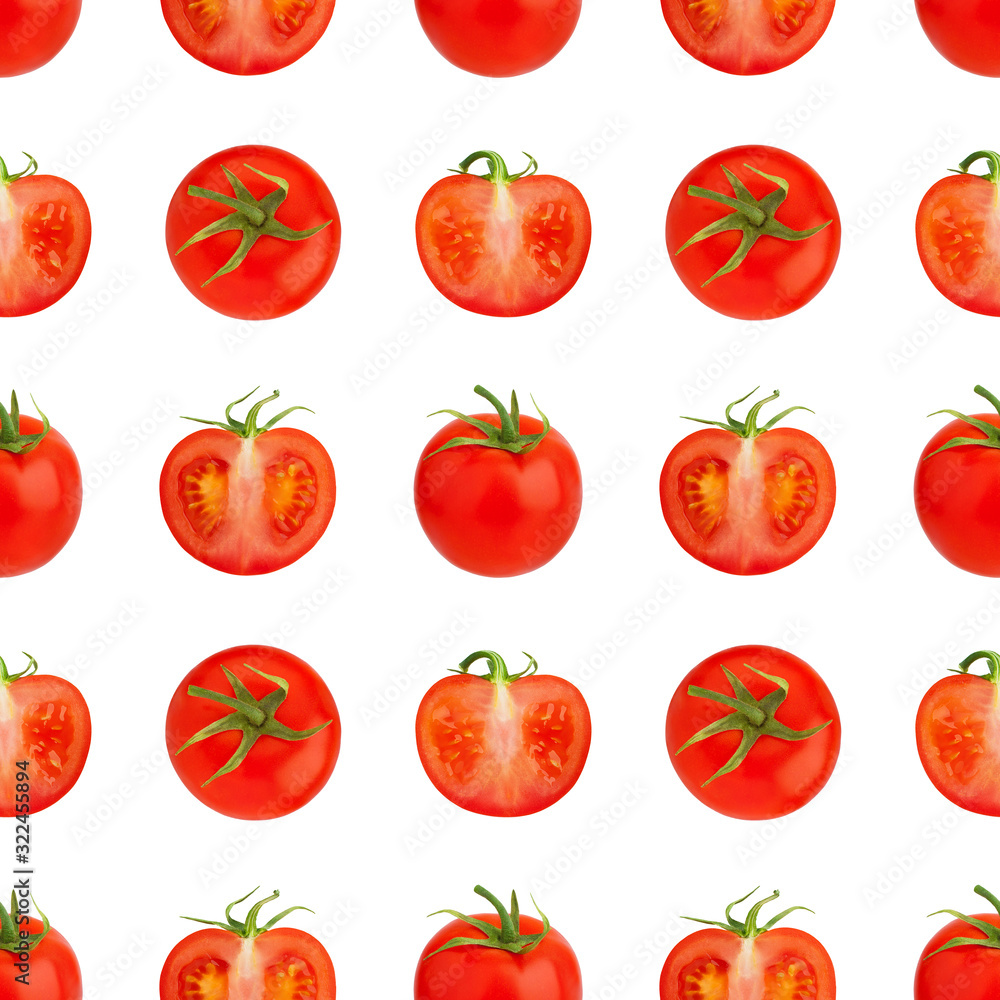 Seamless pattern of red tomatoes on white background isolated closeup, cut and whole cherry tomato repeating ornament, fresh vegetables art wallpaper, healthy natural food concept, trendy print design Seamless pattern of red tomatoes on white background isolated closeup, cut and whole cherry tomato repeating ornament, fresh vegetables art wallpaper, healthy natural food concept, trendy print design