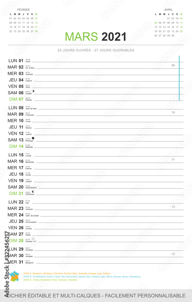 Calendrier mensuel Mars 2021. Fichier éditable et multi-calques, facilement personnalisable. Calendrier mensuel Mars 2021. Fichier éditable et multi-calques, facilement personnalisable.