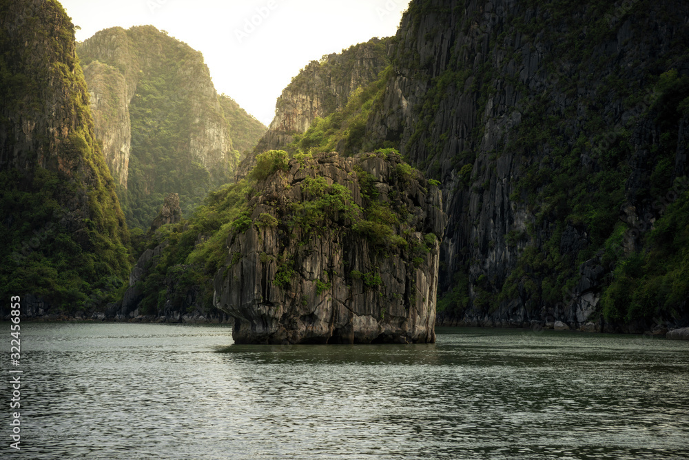 Beautiful landscape of Halong Bay with sunshine in Vietnam.