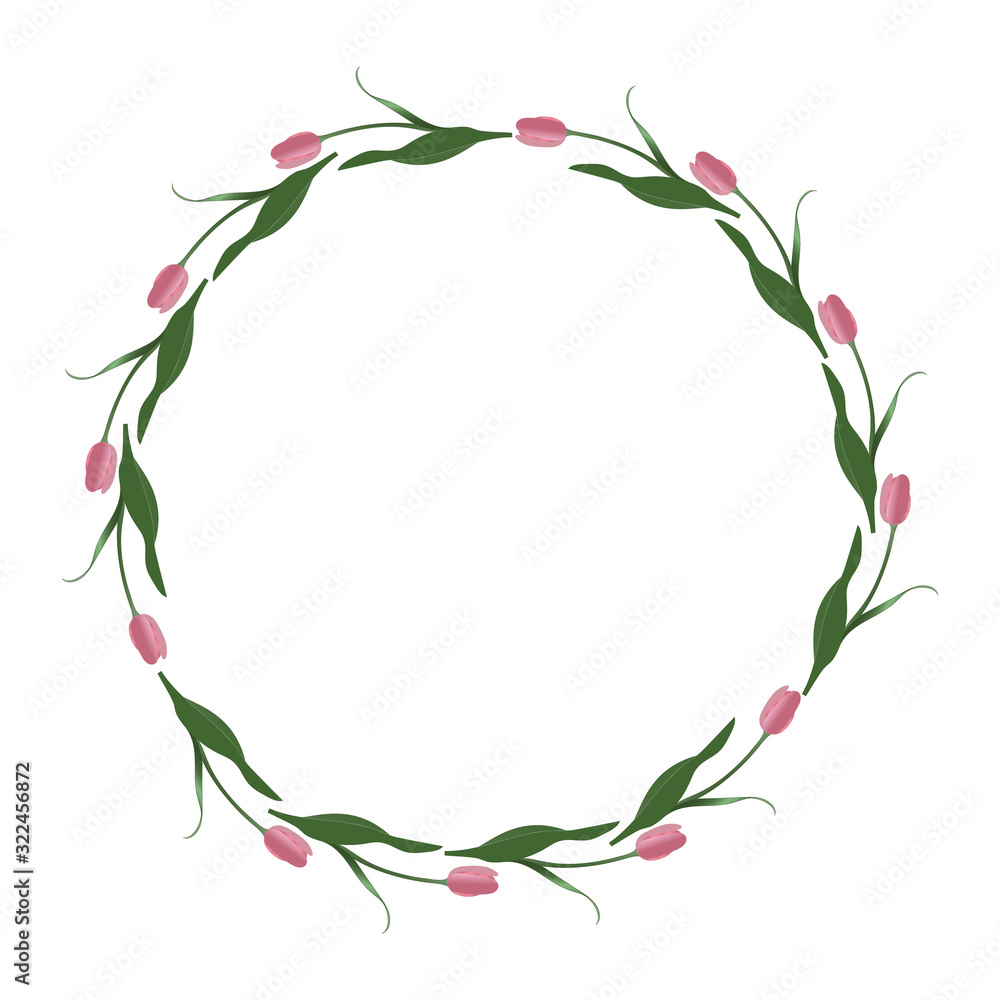 Spring frame of tulips in the shape of a circle. Rosebud. Vector. Place for text, photos. Isolated background. Idea for creating a greeting card, invitation, card. Floral ornament. Spring frame of tulips in the shape of a circle. Rosebud. Vector. Place for text, photos. Isolated background. Idea for creating a greeting card, invitation, card. Floral ornament.