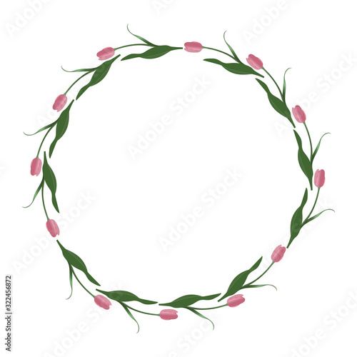 Spring frame of tulips in the shape of a circle. Rosebud. Vector. Place for text  photos. Isolated background. Idea for creating a greeting card  invitation  card. Floral ornament.