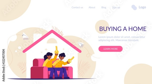 Buying a home concept. Young family sits on the couch in a new house with keys in their hands. Buying a new apartment with the help of a bank. Landing web page template.