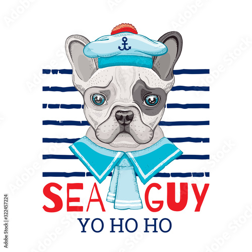 French bulldog sailor, cute dog in vintage hat neck collar. Doodle trendy puppy, doggy art for boy t-shirt print, tee fashion design. Isolated on white, navy stripes background. Sea summer slogan