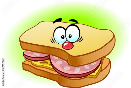 Funny sandwich. Cartoon funny sandwich with cheese and sausage.
