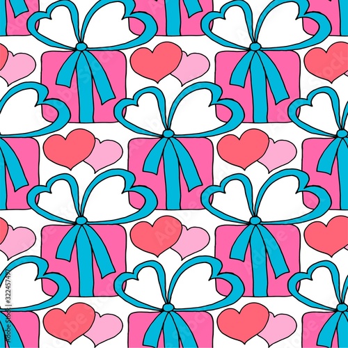 Valentine's day seamless pattern with hearts and gifts. Beautiful abstract pattern with Valentine's day seamless pattern for decorative design. Logo element for wedding illustration. Vintage design.