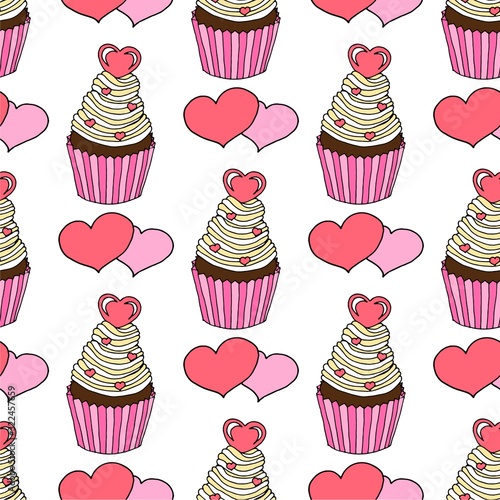 Vector graphic of the various sweets and desserts decorated into seamless pattern. Valentine's day seamless pattern of hearts and cupcakes. Beautiful abstract pattern with Valentine's day seamless