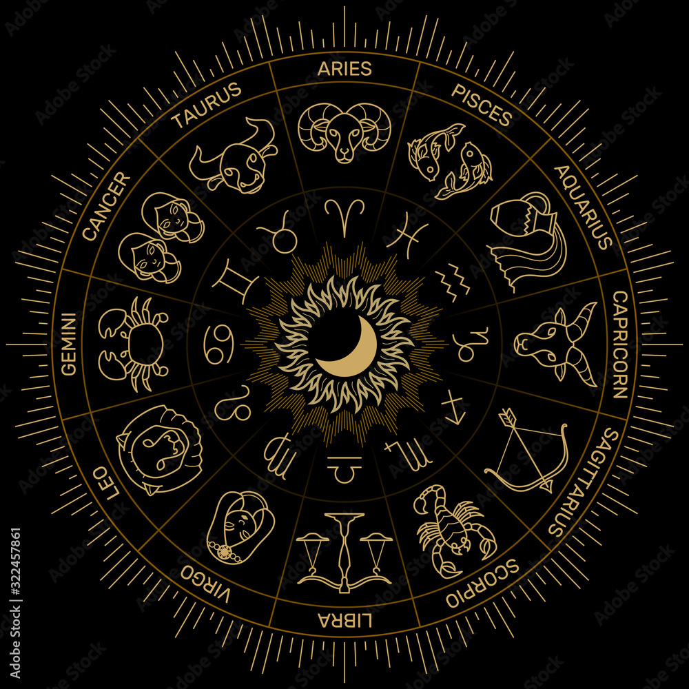 Naklejka premium Zodiac astrology horoscope illustration gold line on black minimal style.
