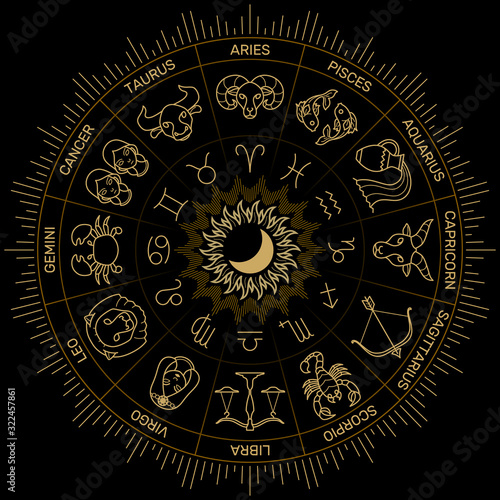 Zodiac astrology horoscope  illustration gold line on black minimal style.