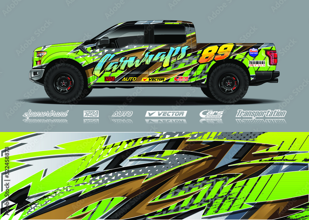 Truck wrap design vector kit. Modern sport graphics. Abstract stripe racing and grunge background for wrap all vehicle, race car, rally, adventure vehicle and car livery. Truck wrap design vector kit. Modern sport graphics. Abstract stripe racing and grunge background for wrap all vehicle, race car, rally, adventure vehicle and car livery.