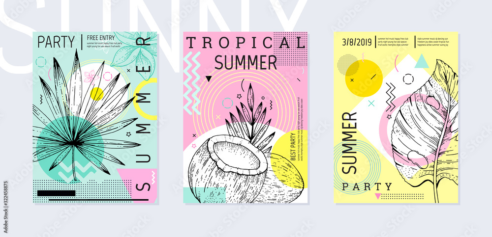 Summer party poster set, geometric memphis style. Cool trendy flyer with type quote. Tropical elements for travel banner, music cover, fashion print. Leaf vector illustration, mint, pink background