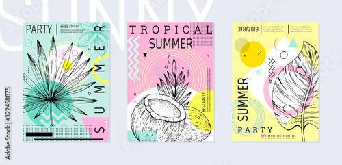 Summer party poster set, geometric memphis style. Cool trendy flyer with type quote. Tropical elements for travel banner, music cover, fashion print. Leaf vector illustration, mint, pink background